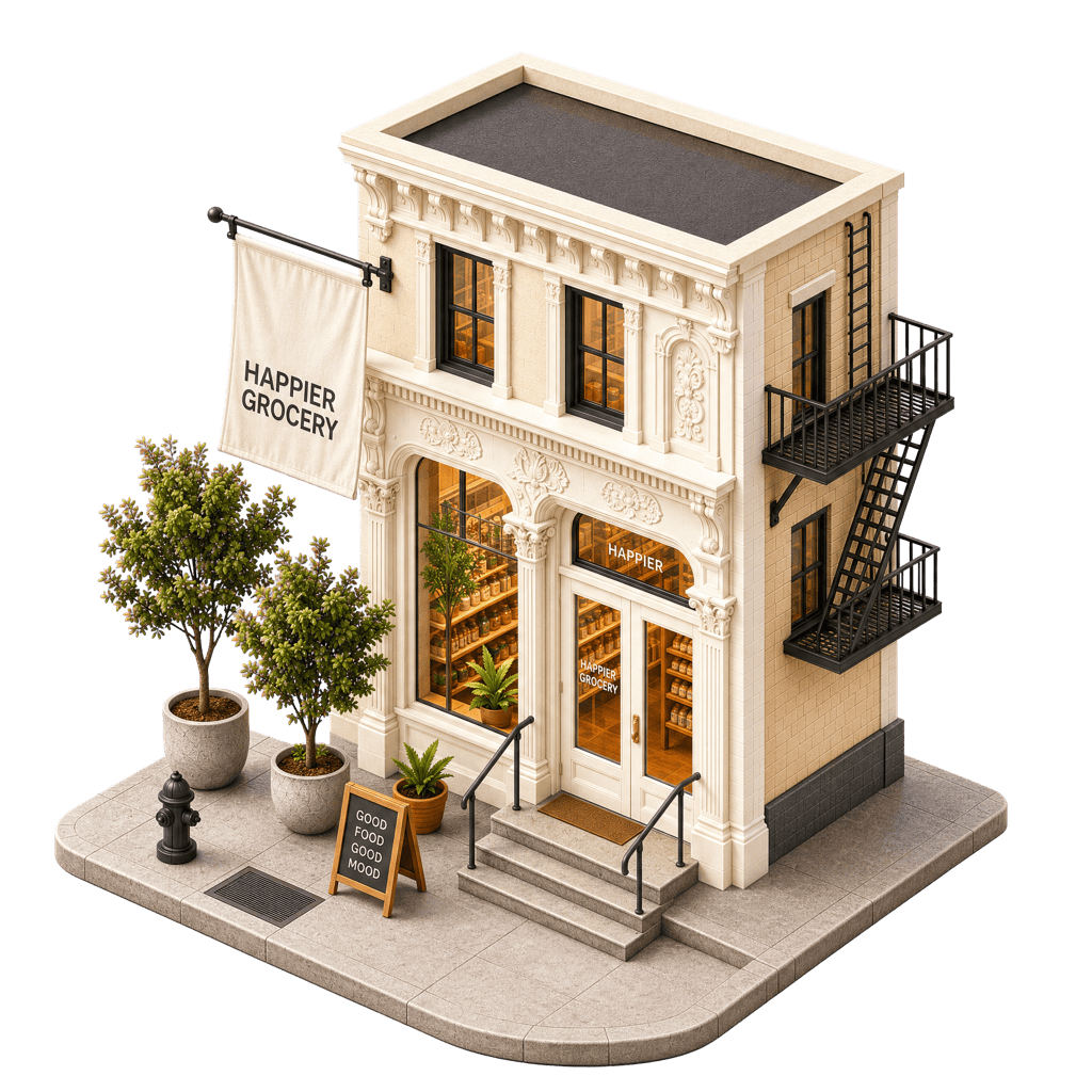 Happier Grocery storefront illustration