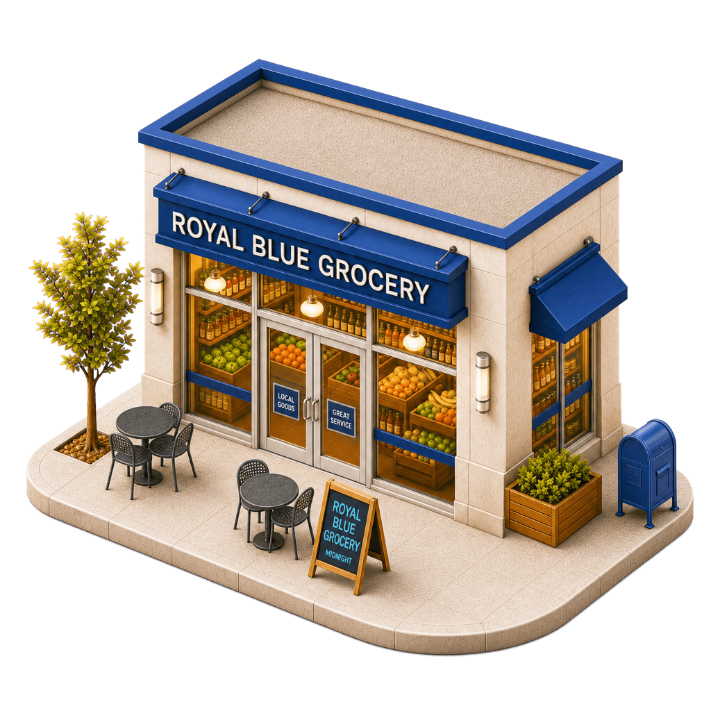 Royal Blue Grocery storefront illustration